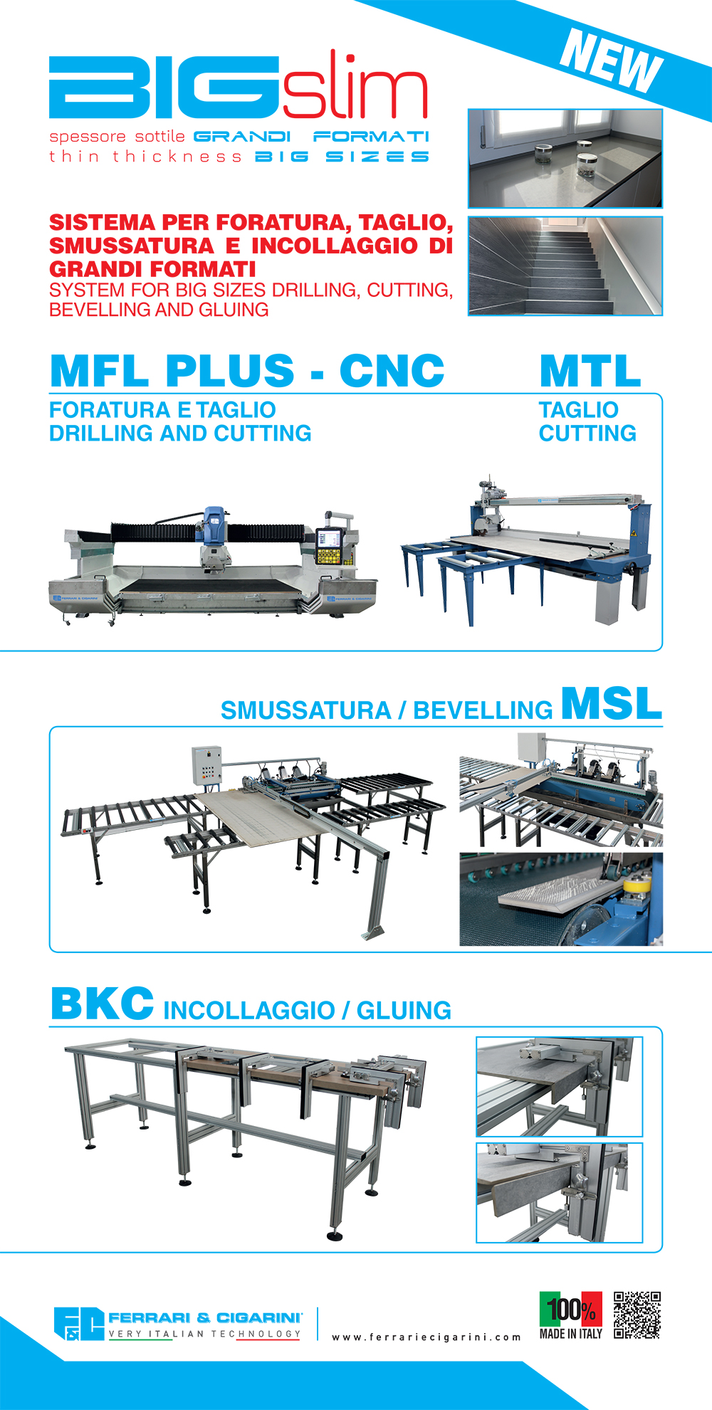 SYSTEM FOR BIG SIZES DRILLING, CUTTING, CHAMFERING AND GLUEING UP TO 360x160 CM